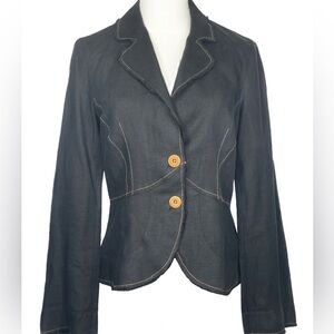 Vintage Margaret O'Leary Black Linen Jacket /Blazer  w/ Brown Stitching Sz L